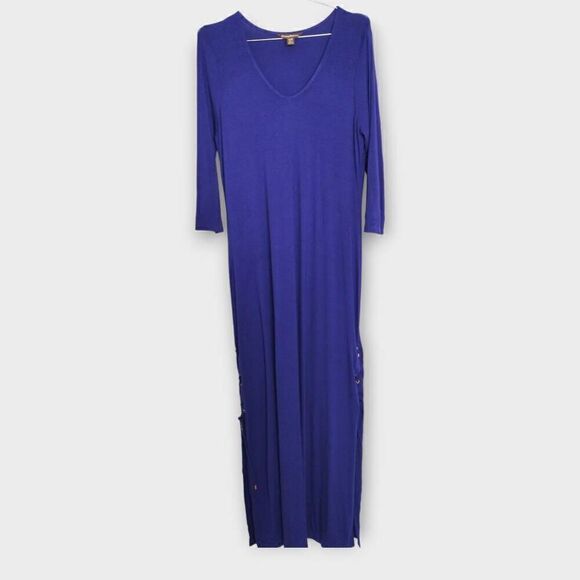 Tommy‎ Bahama Womens Dress Sz Medium Blue Jersey V-Neck Maxi Long Sleeves Laces - Picture 1 of 10